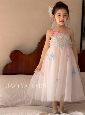 JA家女童立体蝴蝶网纱吊带粉色花仙子公主裙小女孩生日演出连衣裙