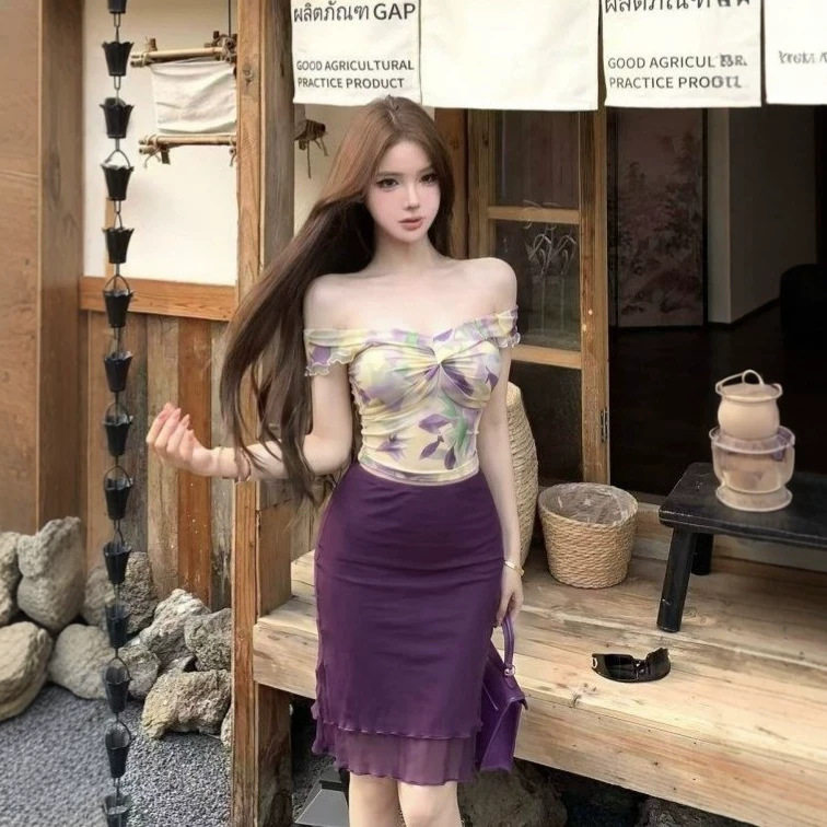 纯欲辣妹套装女夏季绝美一字肩碎花上衣穿搭紫色半身裙御姐两件套