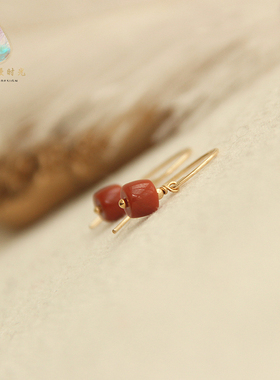 天然南红玛瑙桶珠耳环耳钩满红肉14k包金材质保色防过敏