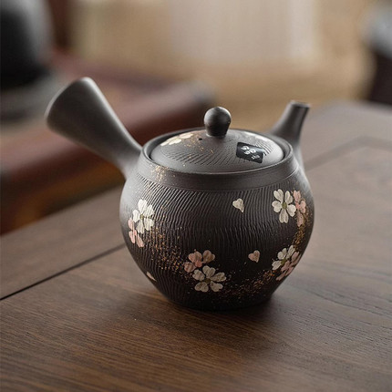 日本进口常滑烧陶瓷樱花茶壶 日式家用茶具 黑泥陶土匠人手作陶器