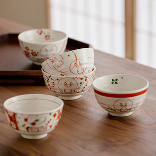日本进口美浓烧风花雪兔粗陶手绘饭碗日式家用小碗套碗礼盒装