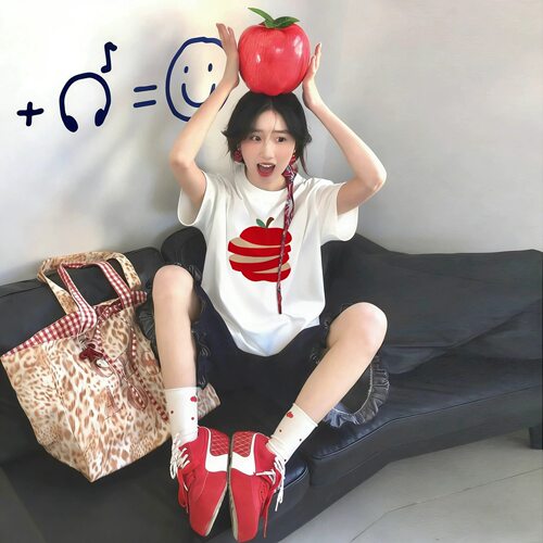 宝藏cang苹果切短袖T恤女