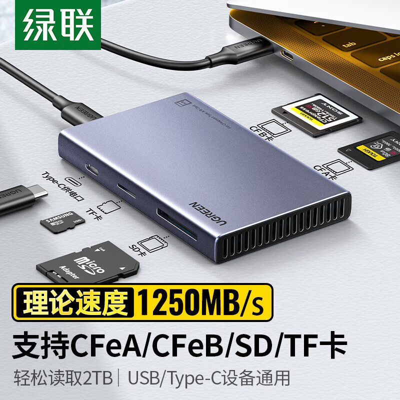 绿联多合一读卡器USB3.2高速支持CFA/B/SD/TF/CF型相机行车记录仪监控内存卡手机存储卡