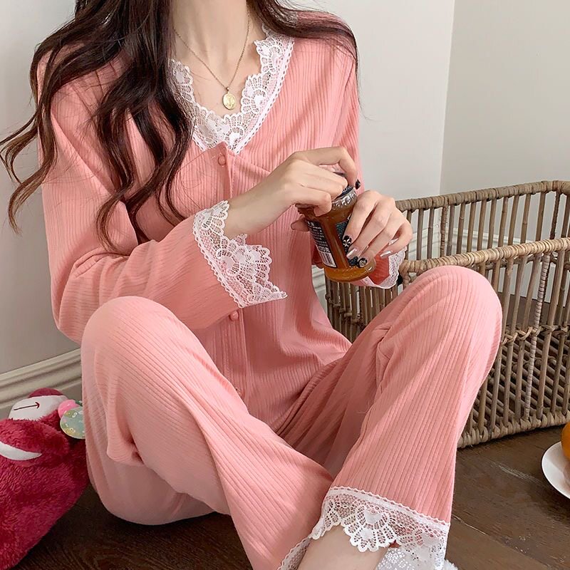 春秋款睡衣女甜美小清新开衫蕾丝花边套装纯色小香风可爱家居服女