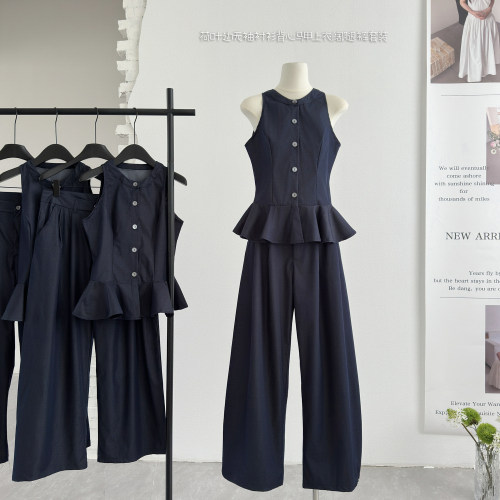 HEYGIRL黑哥 妮味outfit 荷叶边无袖衬衫背心马甲上衣阔腿裤套装