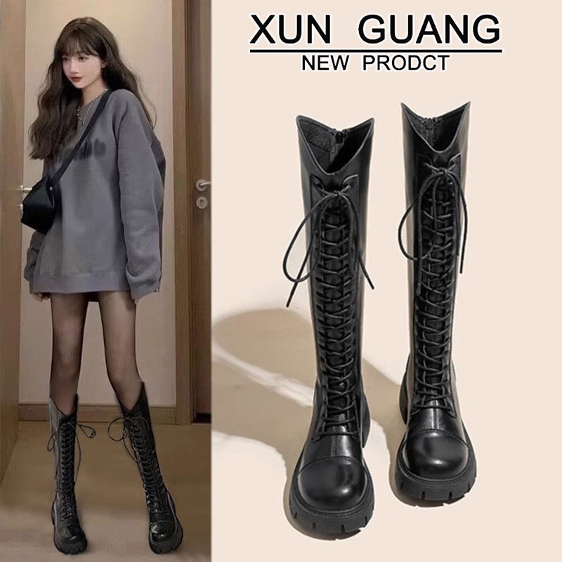 真皮马丁靴长筒靴女2025秋冬新款不过膝高筒骑士靴厚底小个子长靴