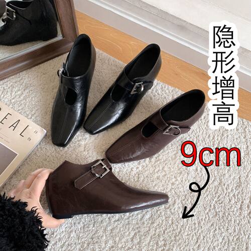 牛皮版~内增高9cm英伦风方头皮带扣单鞋女春百搭猫跟玛丽珍小皮鞋
