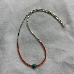 新中式中国红玛瑙绿松项链女小众高级感精致百搭小米珠碎银锁骨链