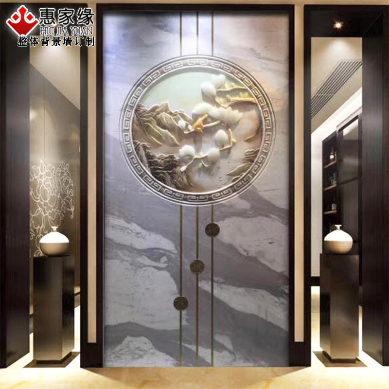 天然玉石新中式风圆形沙发背景墙