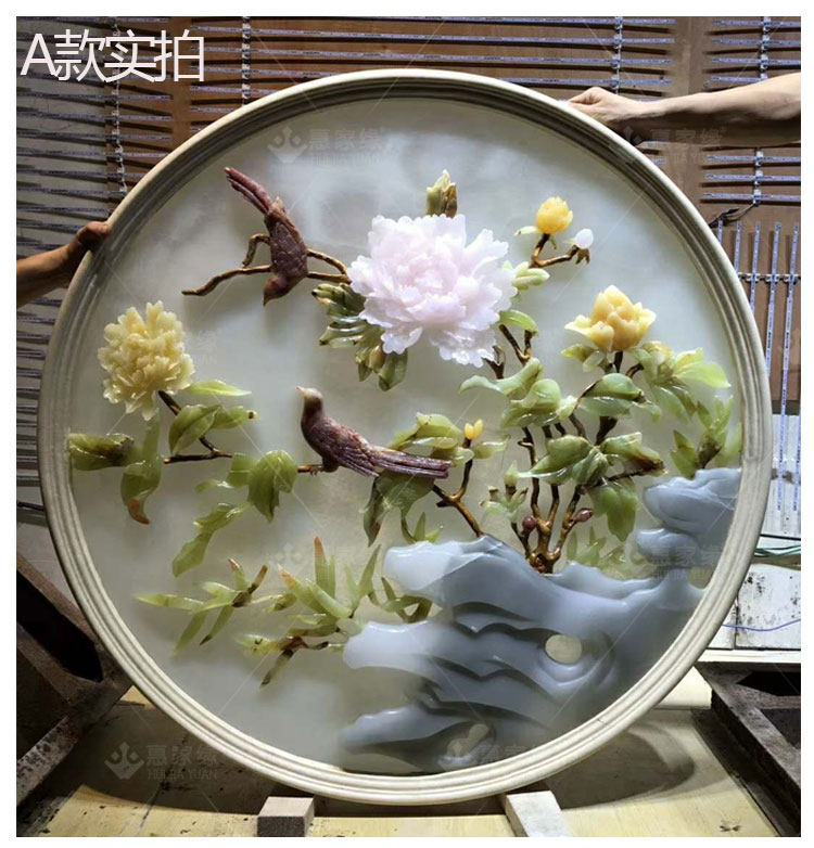 惠家缘新中式天然玉石彩雕3d立体浮雕圆形客厅过道玄关背景墙订制