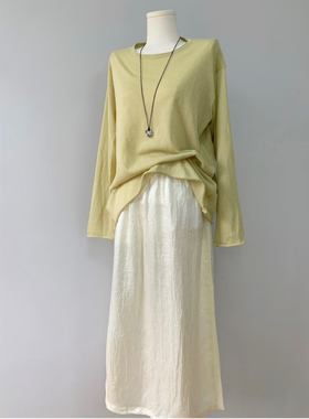 越简单越篙级~简约亚麻针织长袖T恤女宽松上衣醋酸半身裙两件套夏