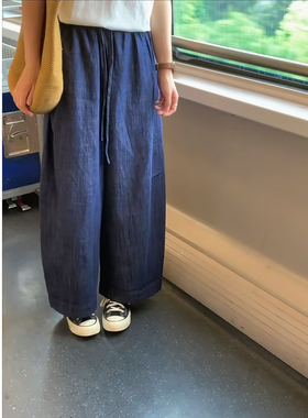 CHIEE 抽绳亚麻牛仔裤女夏薄款宽松显瘦阔腿休闲裤子防褪色奶奶裤