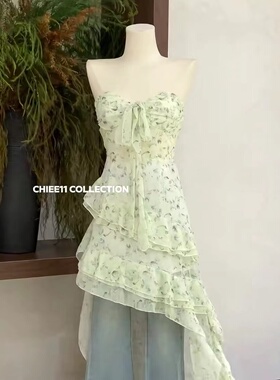 CHIEE 11法式不规则碎花吊带连衣裙女夏季新款显瘦牛仔裤叠穿裙子