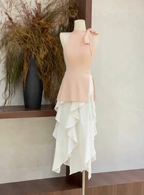 CHIEE 11法式气质蝴蝶结绑带开叉针织背心女不规则半身裙两件套女