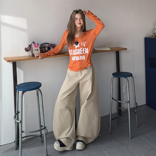 尚雅8375款浅卡其美式复古宽松阔腿弯刀工装裤女休闲拖地长裤