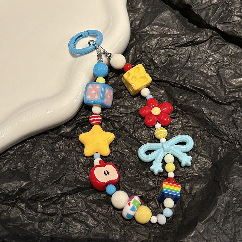 ins风可爱红色花朵苹果串珠手机链包包挂饰钥匙链手机壳挂绳少女