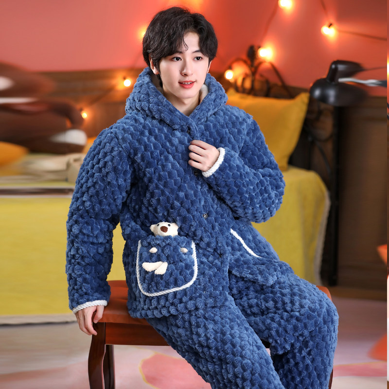 冬季青少年珊瑚绒睡衣中大童男童男孩三层夹棉加厚法兰绒家居服
