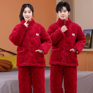 睡衣男士冬季加厚三层夹棉珊瑚绒外穿加大码家居服保暖棉袄套装