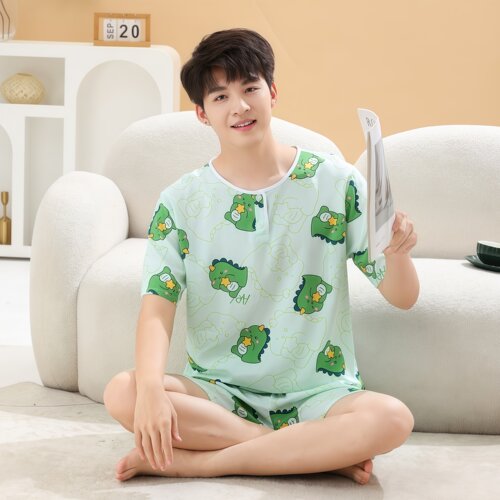 夏季青少年绵绸套装棉绸睡衣男士空调家居服薄款大童学生长袖男童