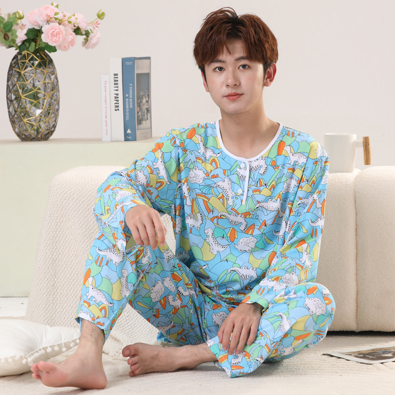 男士睡衣男款夏季棉绸长袖青少年男夏天品质人造棉薄款棉绸家居服
