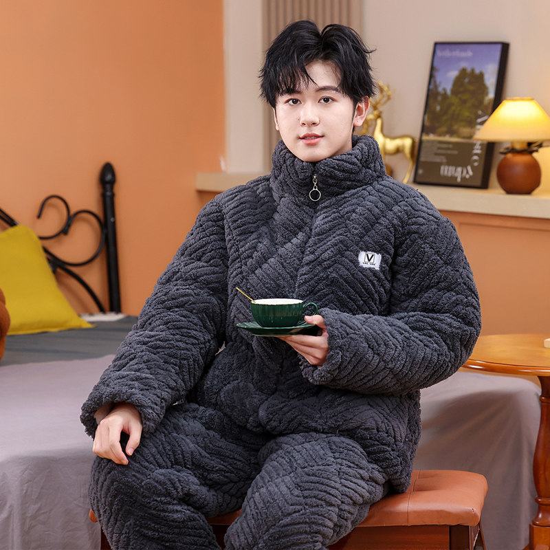 青少年中大男童棉袄男三层夹棉加厚加绒拉链法兰绒冬季家居服套装