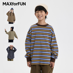 MAXforFUN童装 T圆领长T纯棉撞色宽松上衣男童 25秋冬儿童条纹长袖