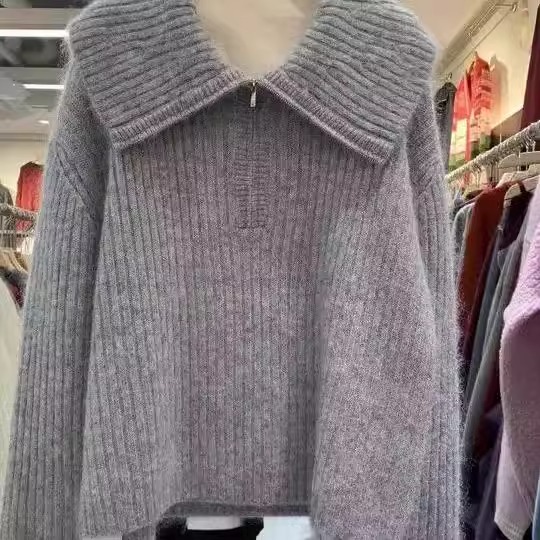灰色大翻领冬季厚款半开领毛衣女秋冬韩系慵懒风超好看针织衫上衣