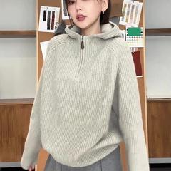 慵懒风秋冬半拉链连帽毛衣女款2024新款冬季爆款外穿宽松针织上衣