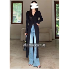 黑色V领冰丝防晒针织开衫女夏季薄款外搭中长款开叉独特别致上衣