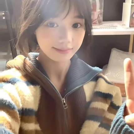 加厚版！慵懒风软糯水貂绒翻领毛衣女秋冬韩版宽松条纹针织衫外套