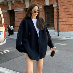 毛衣女慵懶寬松中長款 2023年秋季 新款 外套上衣針織衫 外穿 黑色開衫