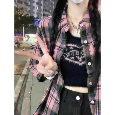 格子刺绣长袖宽松衬衫上衣