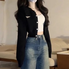 短款黑色毛衣开衫外套女早秋季2024新款薄款小个子外搭针织衫上衣
