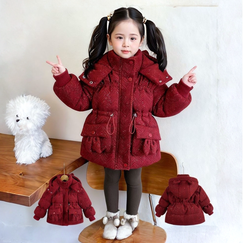 女童冬装加厚洋气红色棉服拜年服