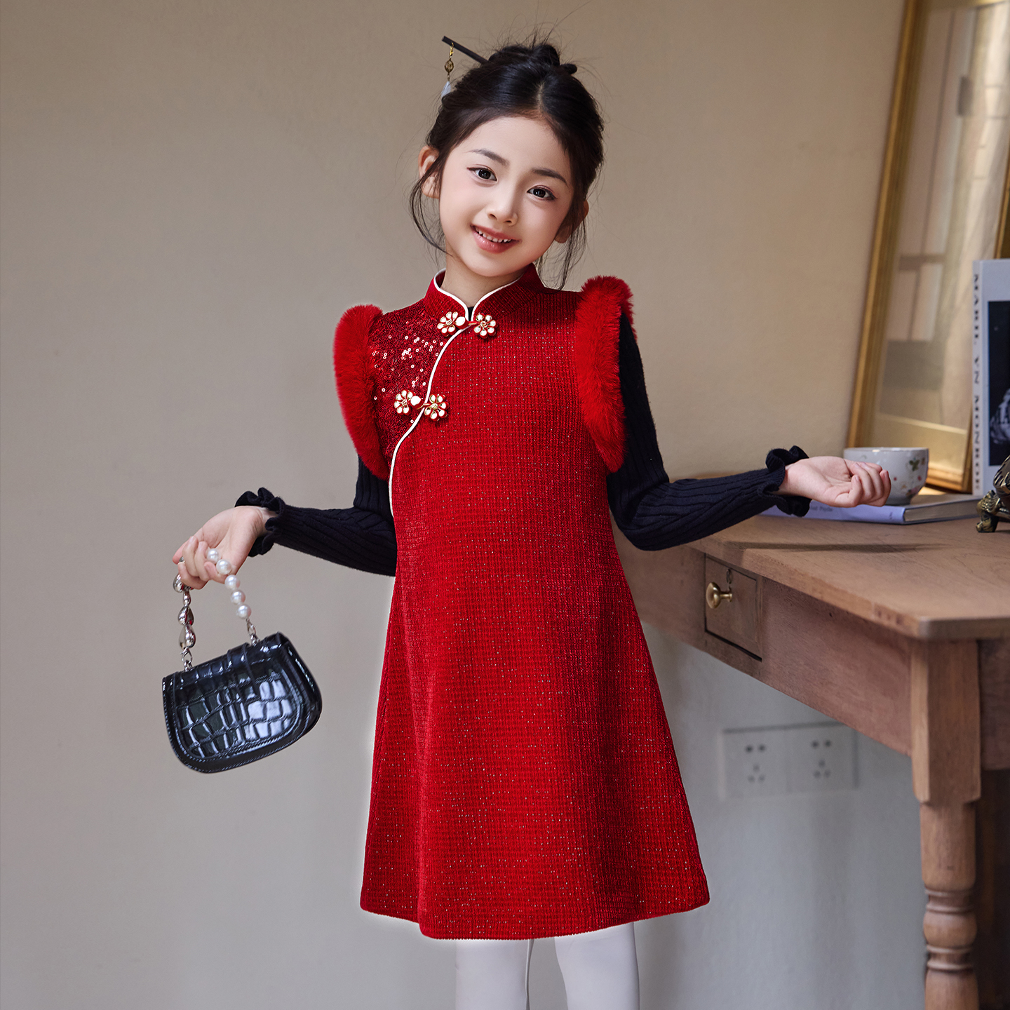 女童连衣裙2025新款秋冬儿童裙子冬装女孩新中式旗袍公主裙拜年服