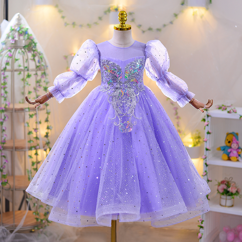 公主裙女童连衣裙夏装儿童生日礼服洋气蓬蓬纱裙童装紫色爱莎裙子_虎窝淘
