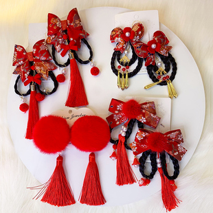 古装夹子头饰古风发夹儿童饰品汉服配饰女童发饰毛球流苏对夹发簪