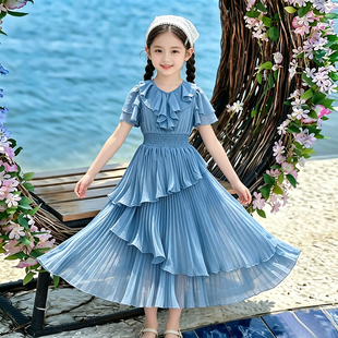 女童连衣裙2026新款夏儿童裙子百褶裙大童长裙小女孩炸街雪纺夏裙