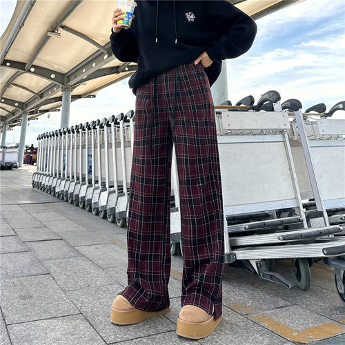 中高腰休闲大码长裤格子加厚