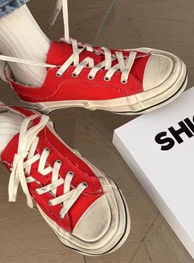 诗歌兰女鞋2026新款红色帆布鞋复古做旧圆头低帮休闲鞋百搭德训鞋