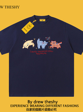 drew theshy重磅美式趣味卡通印花短袖t恤女男情侣款春夏纯棉宽松
