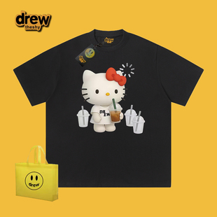 drew美式 t恤HelloKitty凯蒂猫趣味印花男女INS重磅纯棉宽松bf 短袖