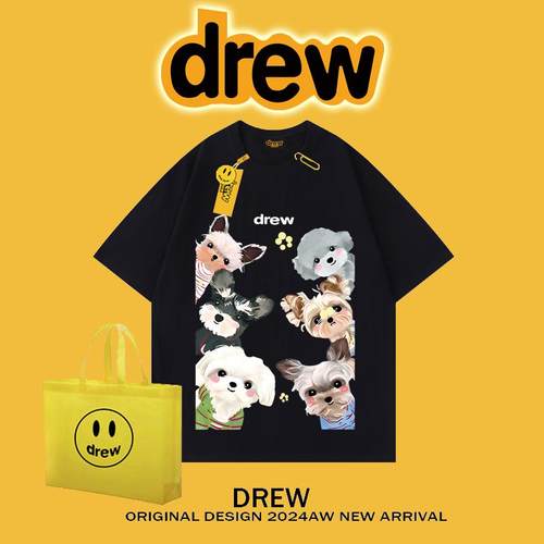 drew美式潮牌短袖t恤马尔济斯雪纳瑞狗狗纯棉男女同款宽松上衣INS