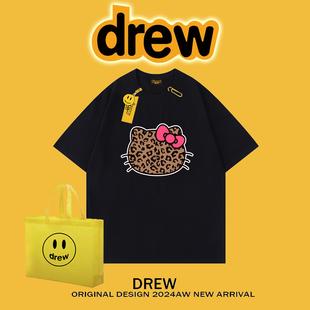 重磅纯棉ins宽松美式 潮牌 t恤豹纹HelloKitty笑脸男女夏季 drew短袖