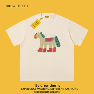 drew美式 t恤新款 小马趣味卡通印花男女同款 重磅纯棉宽松 潮牌短袖