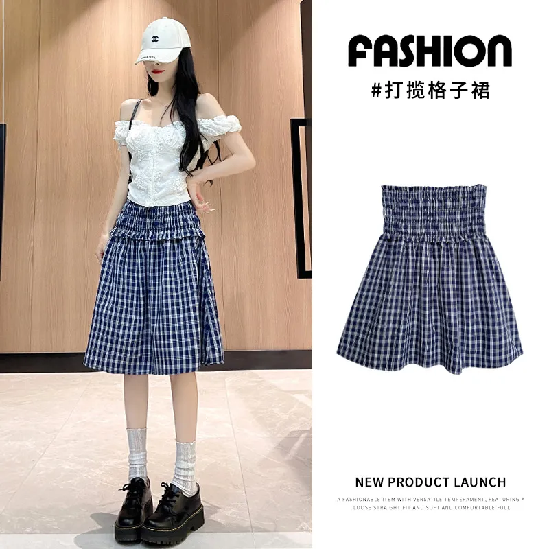 小眾設(shè)計感兩穿復(fù)古格紋半身裙女夏季寬松休閑顯瘦慵懶連衣抹胸裙