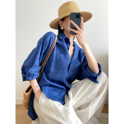 ROW家原单好货~克莱因蓝亚麻长袖衬衫女春夏宽松慵懒风高级感上衣