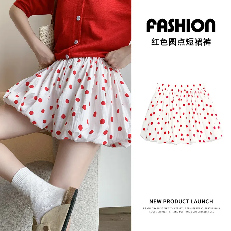 紅色波點(diǎn)短裙褲女夏季新款甜美寬松高腰A字韓系休閑百搭花苞短褲