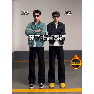 子cleanfit休闲微喇直筒裤 黑色提档加绒西裤 男秋冬显瘦垂感弯刀裤