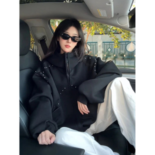 重磅白花灰开衫卫衣男秋季拼接柳钉拉链外套设计感廓形夹克连帽衫